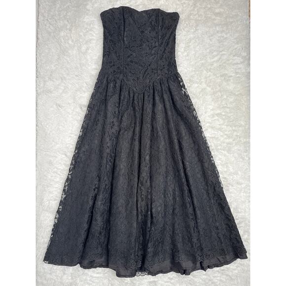 Vintage 80's Positively Ellyn Black Lace Strapless Beaded Smocked Dress small - Picture 7 of 17